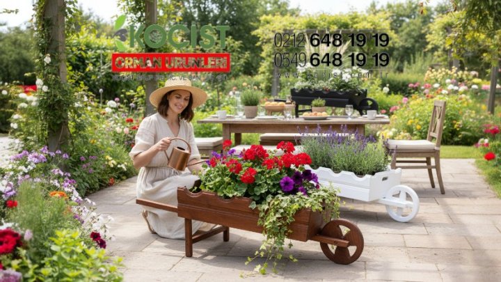 Dekoratif Ahşap El Arabası Saksılık Model 1 - Görsel 1