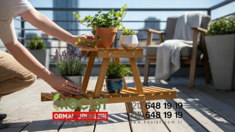 Ahşap Çiçeklik Saksı Standı 2 Katlı – ön görünüm | Koçist