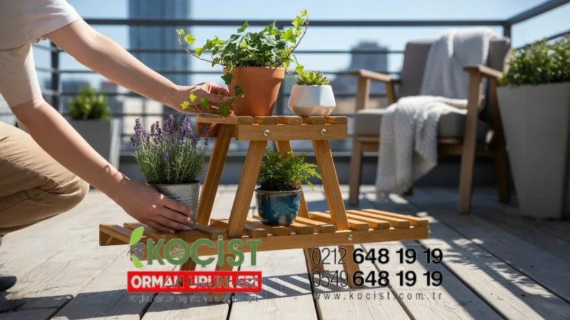 Ahşap Çiçeklik Saksı Standı 2 Katlı – ön görünüm | Koçist
