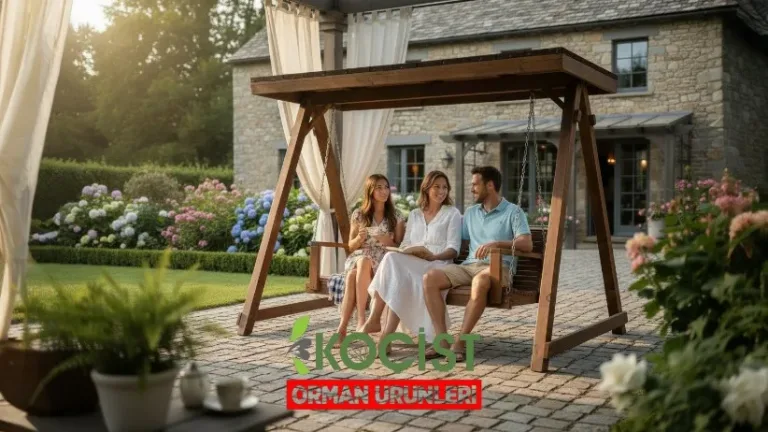 Ahşap Salıncak 3 Kişilik Oval Gölgelikli – ön görünüm | Koçist