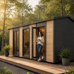 Ahşap kaplamalı çelik evin cam kapısından çıkan kişi, Koçist 8x3 bahçe evi
