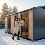 24 m² ahşap kaplamalı ev yatay ahşap cephe ve koyu çerçeveli