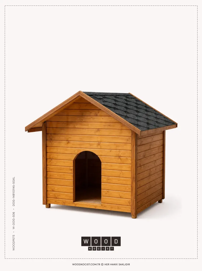 DOG-S06 Klasik Seri, Saçaklı, Büyük Boy Ahşap Köpek Kulübesi – ön görünüm | Koçist