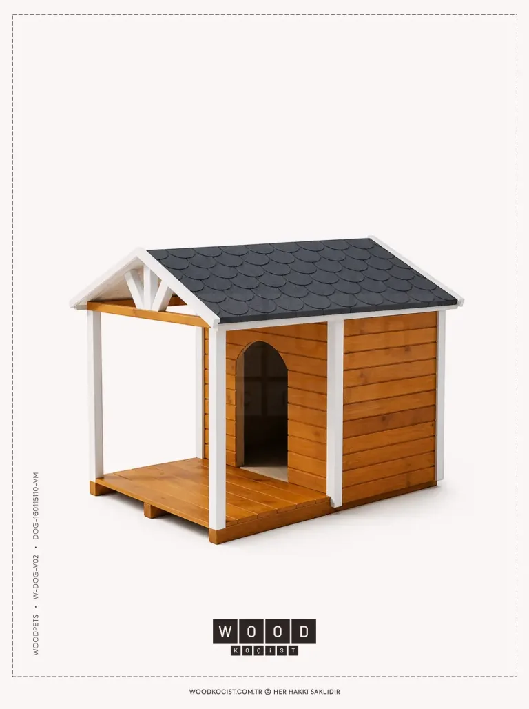 DOG-V02 Verandalı Orta Boy Premium Ahşap Köpek Kulübesi – ön görünüm | Koçist