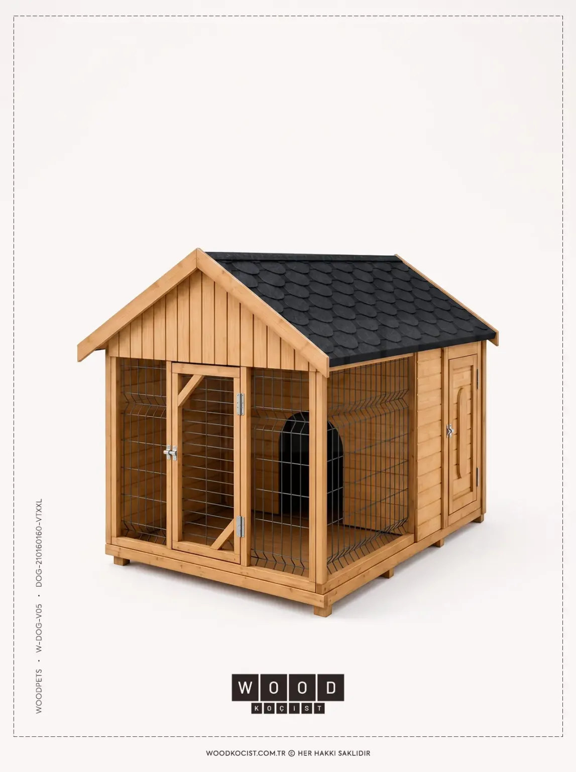 DOG-V05 Verandalı Telli Bölmeli Ahşap Köpek Kulübesi – ön görünüm | Koçist