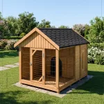 DOG-V05 Verandalı Telli Bölmeli Ahşap Köpek Kulübesi – yan görünüm | Koçist