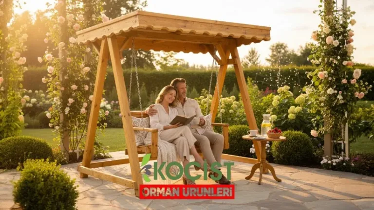 Ahşap Salıncak 2 Kişilik Oval Gölgelikli Desenli – ön görünüm | Koçist