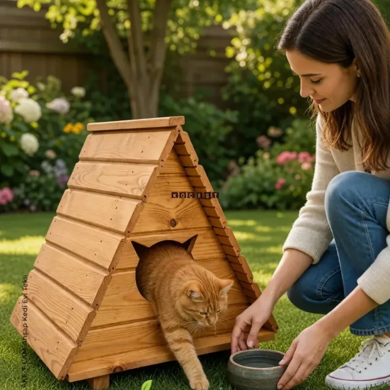 Bahçede kullanılan ahşap kedi evi